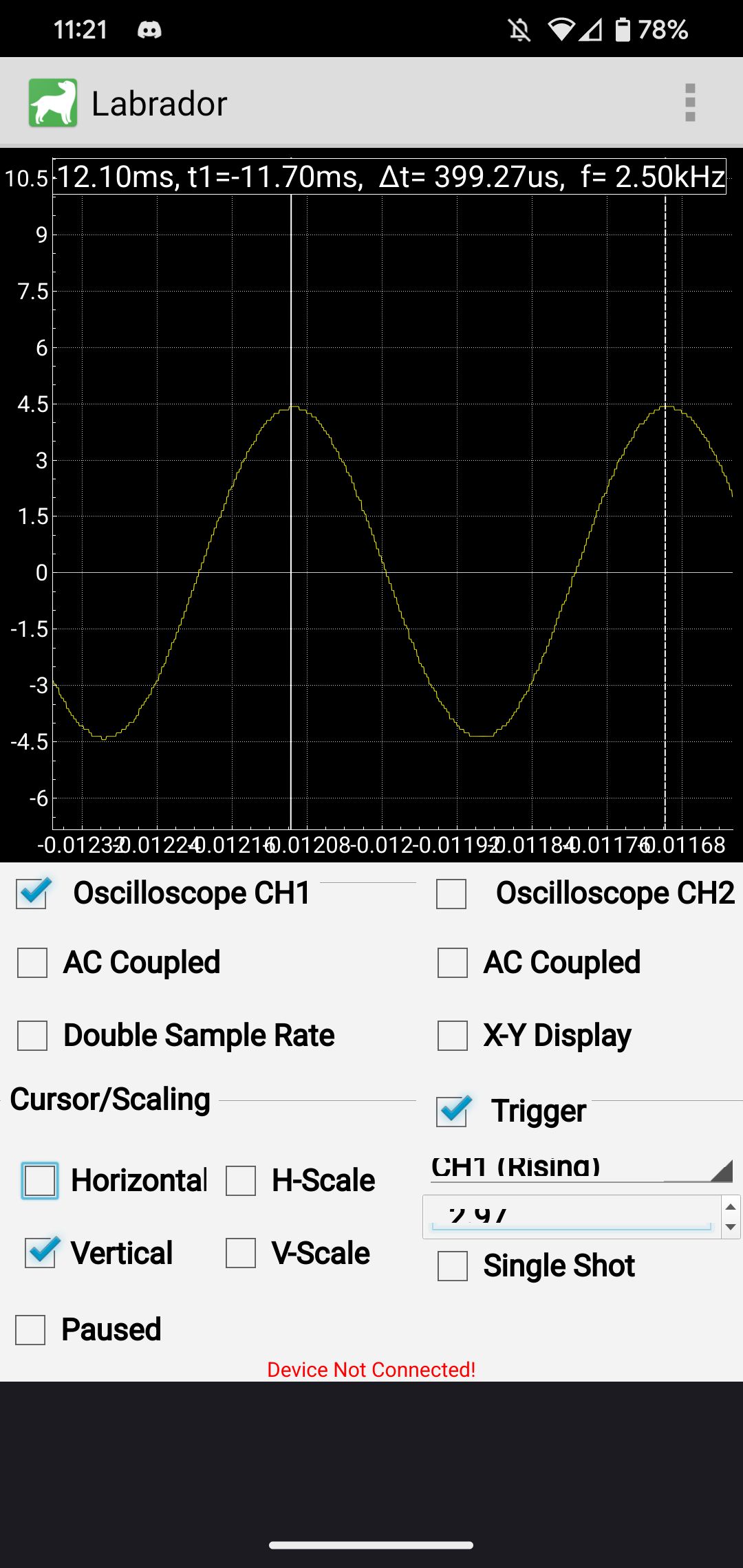 Screenshot of the Labrador oscilloscope app showing a yellow sine wave