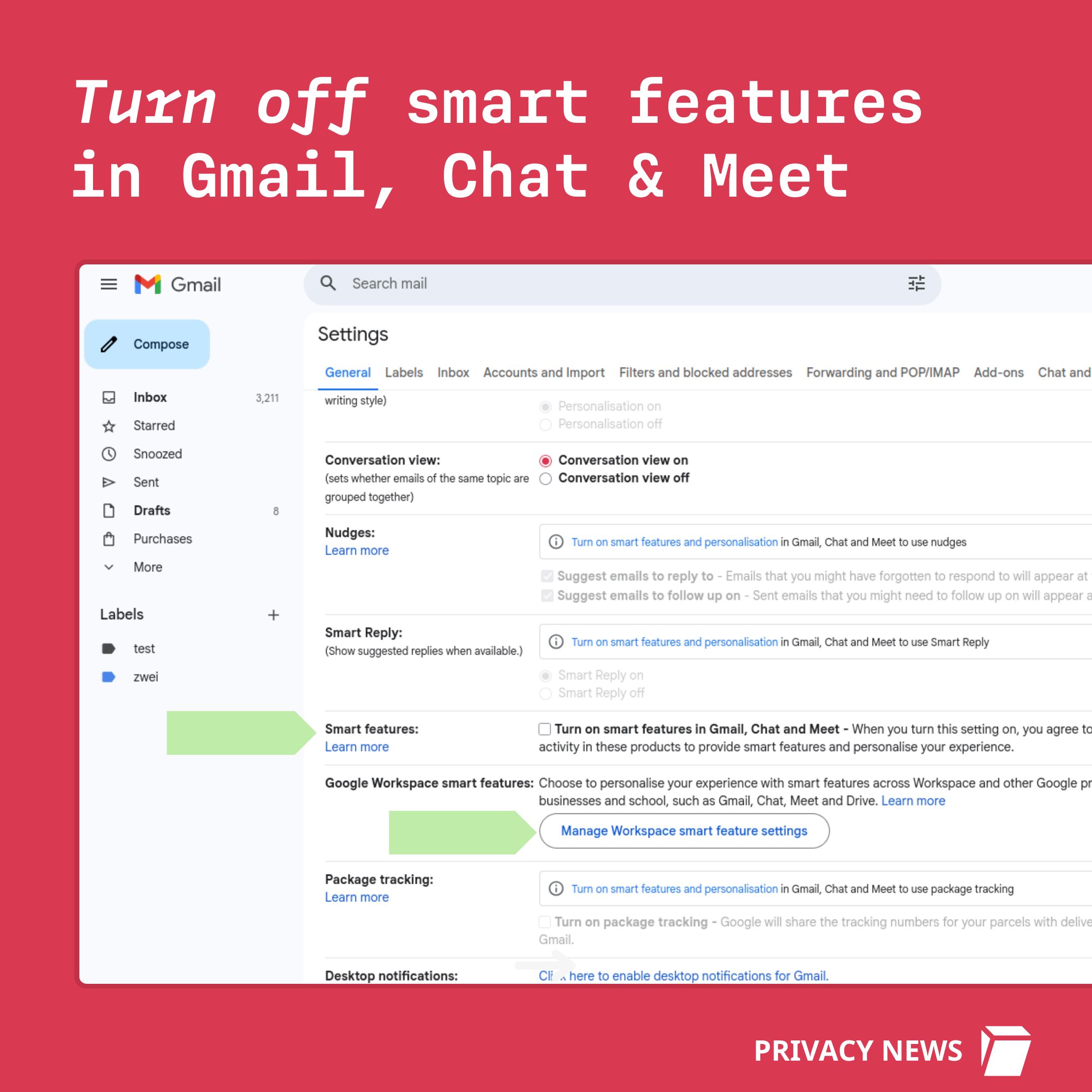 Turn off smart features in Gmail, Chat & Meet: Screenshot of the google settings you need to navigate to turn off smart features. Next to Smart features click the box to turn off smart features in Gmail, Chat and Meet. Click on Manage Workspace smart feature settings and toggle these setting off.