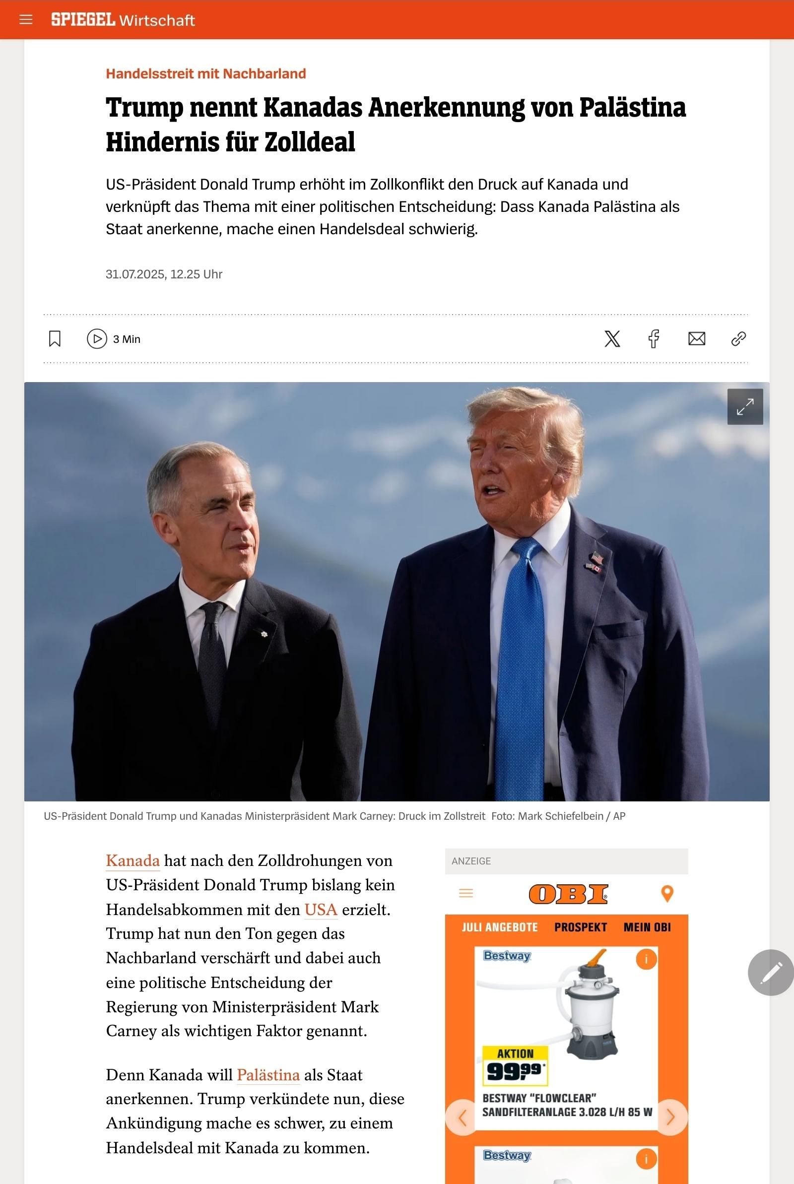 Spiegel, Trump nennt Kanadas Anerkennung von Palästina Hindernis für Zoll deals