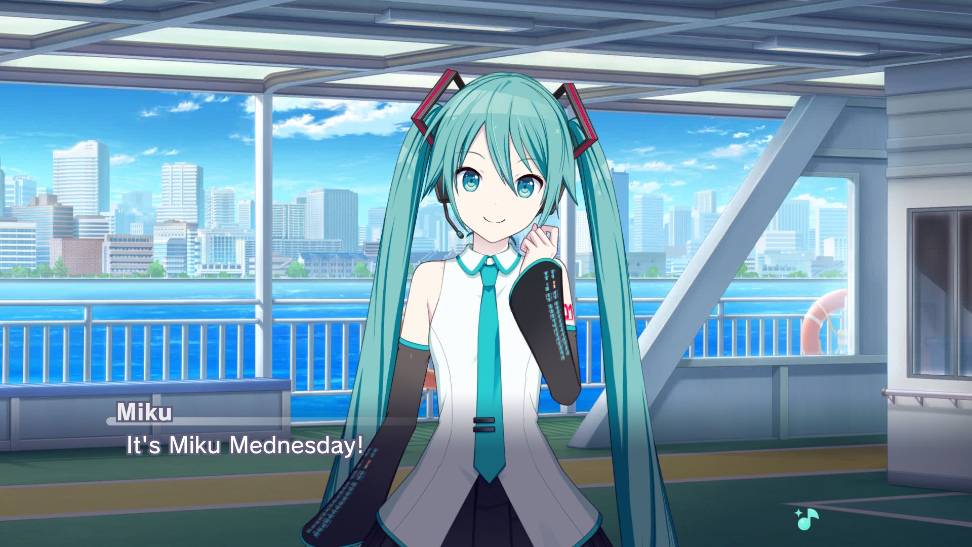 Made from Project Sekai's story board, on a boat, Hatsune Miku says "It's Miku Mednesday!"