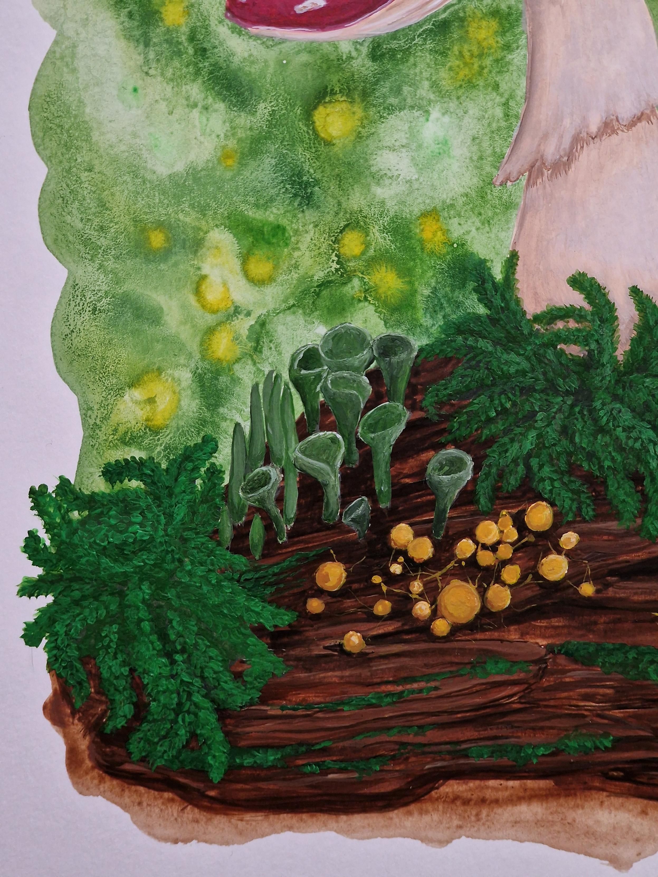 Close up of some yellow slime mold, tendril moss, and lichens