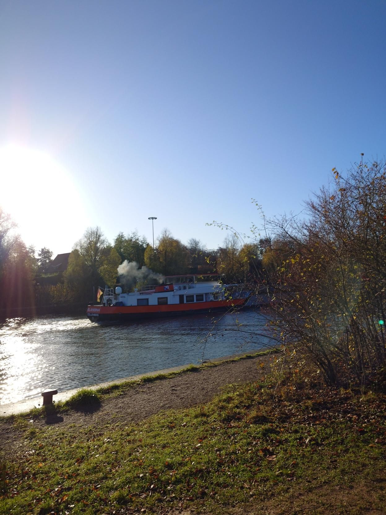 A boat sailing in the river. Sunny weather and vegetation