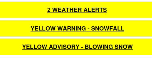 Screenshot from the Weather Canada website showing "2 weather alerts" and then "Yellow warning - snowfall" and "yellow advisory - blowing snow".  How fun.