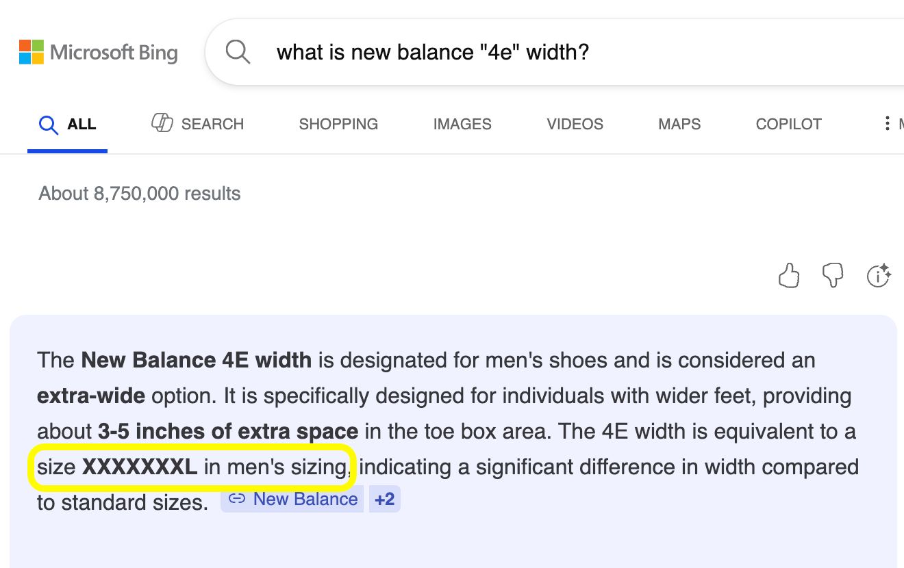 Screenshot of a Microsoft Bing search result explaining that New Balance 4E width is an extra-wide men's shoe size, providing about 3-5 inches of extra space in the toe box area, and is equivalent to size XXXXXXXL in men's sizing. The phrase "size XXXXXXXL" is highlighted in yellow.