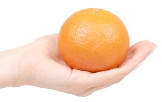 A hand holding a smooth round orange (ie the fruit)
-shutterstock pic