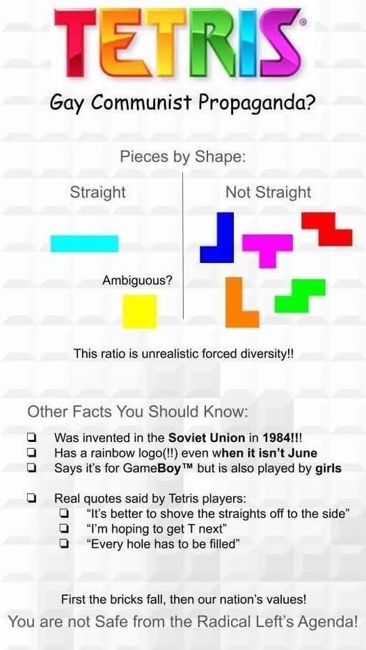 title: tetris
subtitle: gay communist propaganda?

pieces by shape:
straight (shows only one straight line)
not straight (shows all other pieces)

this ratio is unrealistic forced diversity!!

other facts you should know:
- was invented in the soviet union in 1984
- has a rainbow logo(!!) even when it isn't june
- says it's for gameboy(tm) but is also played by girls

- real quotes said by tetris players:
  - "it's better to shove the straights off to the side"
  - "i'm hoping to get T next"
  - "every hole has to be filled"

first the bricks fall, then our nation's values!
you are not safe from the radical left's agenda!