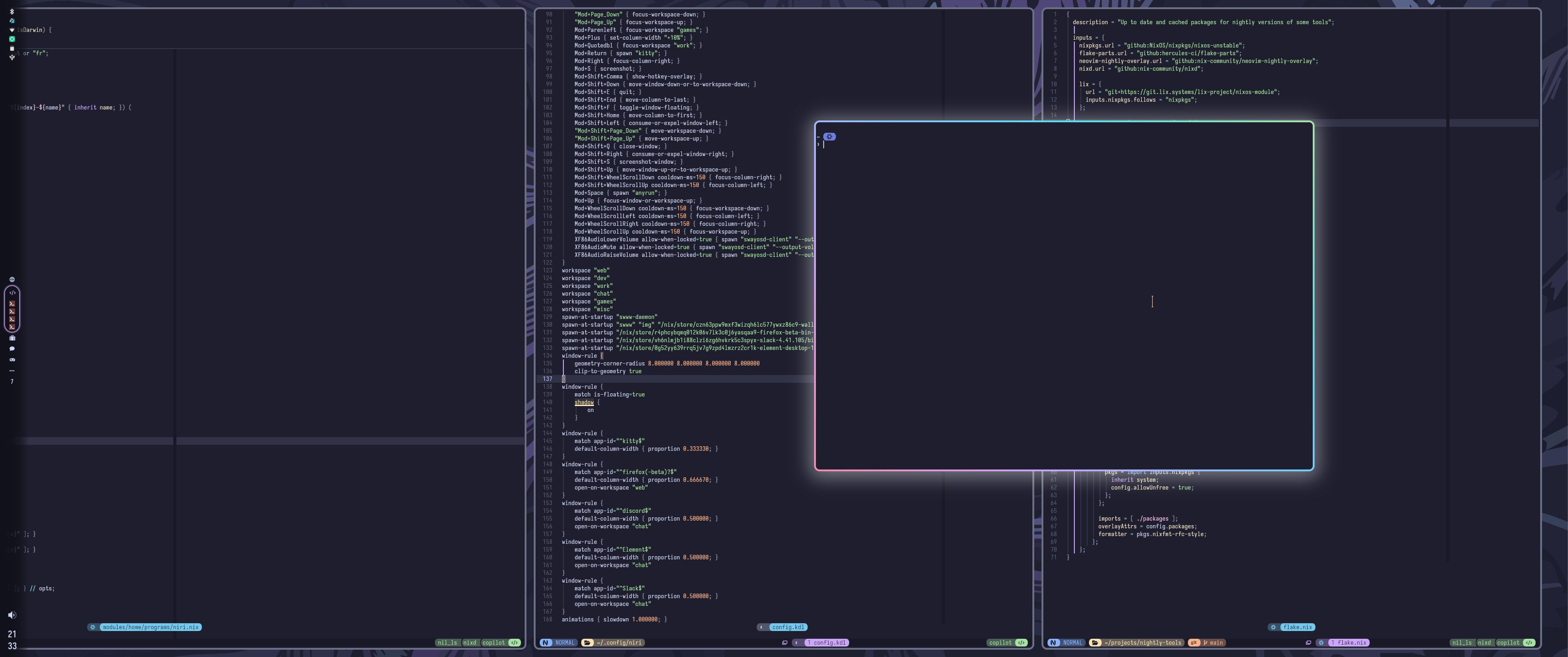 Dark style desktop screenshot with a floating terminal with a multicolored gradient border and white shadow around, from calops