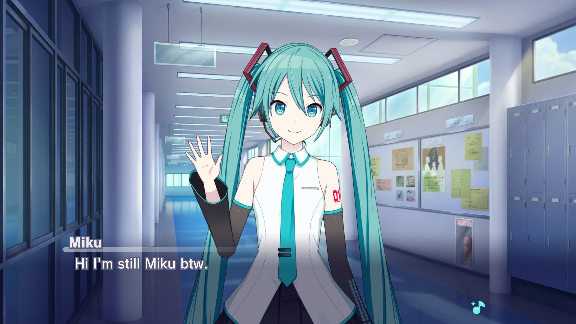 Made from Project Sekai's story board, in a school hallway, Hatsune Miku says "Hi I'm still Miku btw."