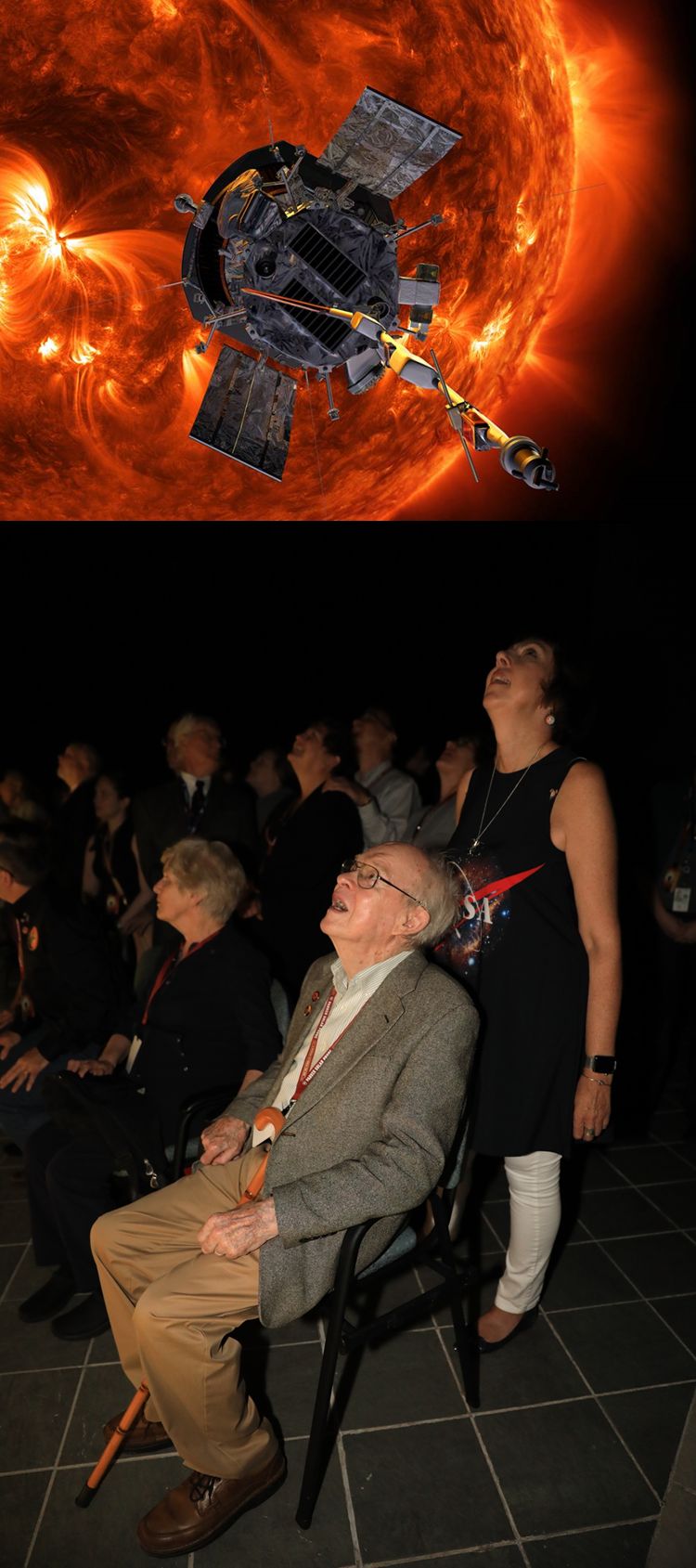 1. Graphic showing PSP flying above the atmosphere of the Sun.

2. Eugene Parker watches the launch of the spacecraft that bears his name – NASA’s Parker Solar Probe – early in the morning of Aug. 12, 2018. NASA Director of Heliophysics Nicky Fox, who at the time was the Parker Solar Probe project scientist, stands behind him.
Credit: NASA/Glenn Benson
