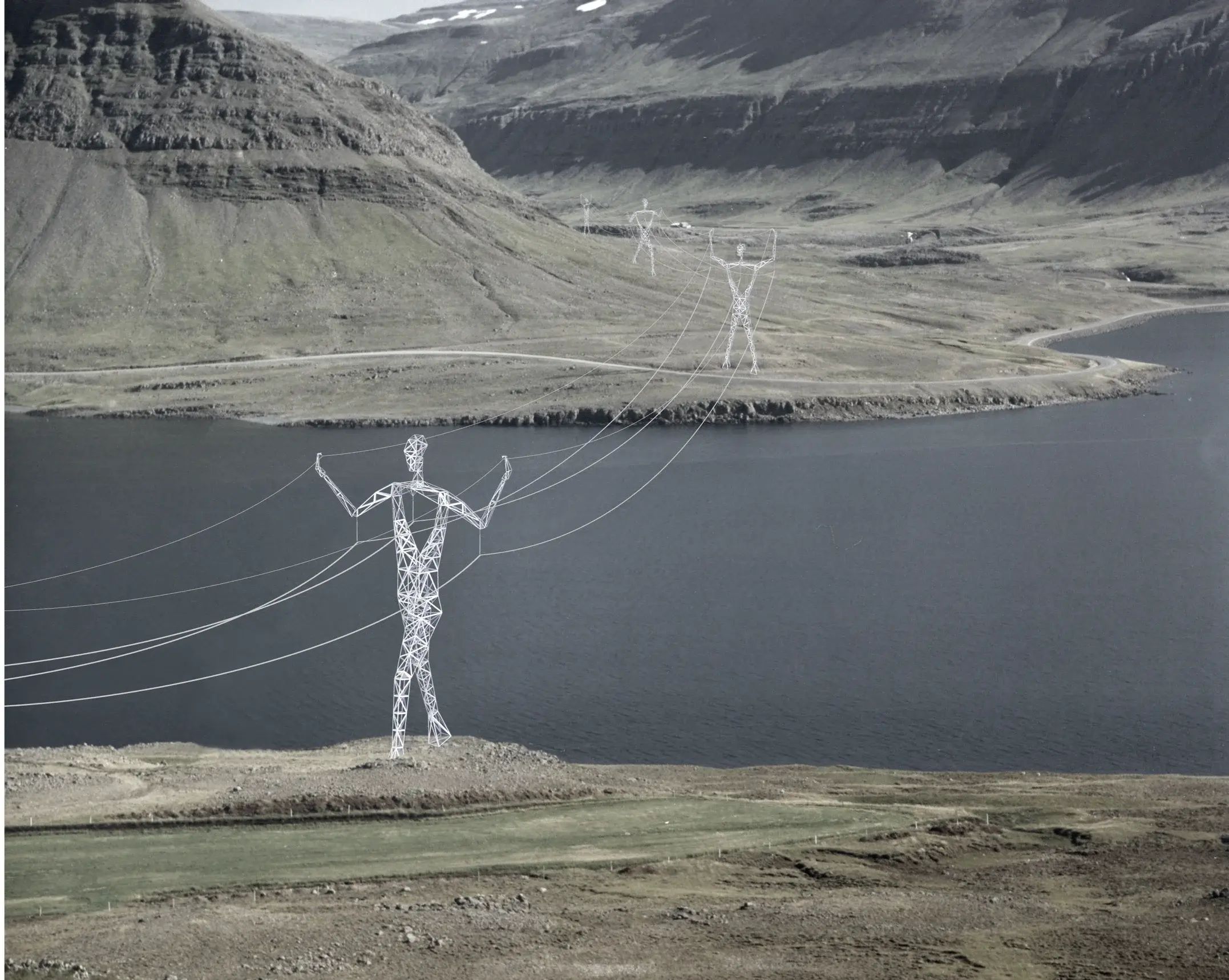 Architect's impression of landscape with electricity pylons in the shape of humans