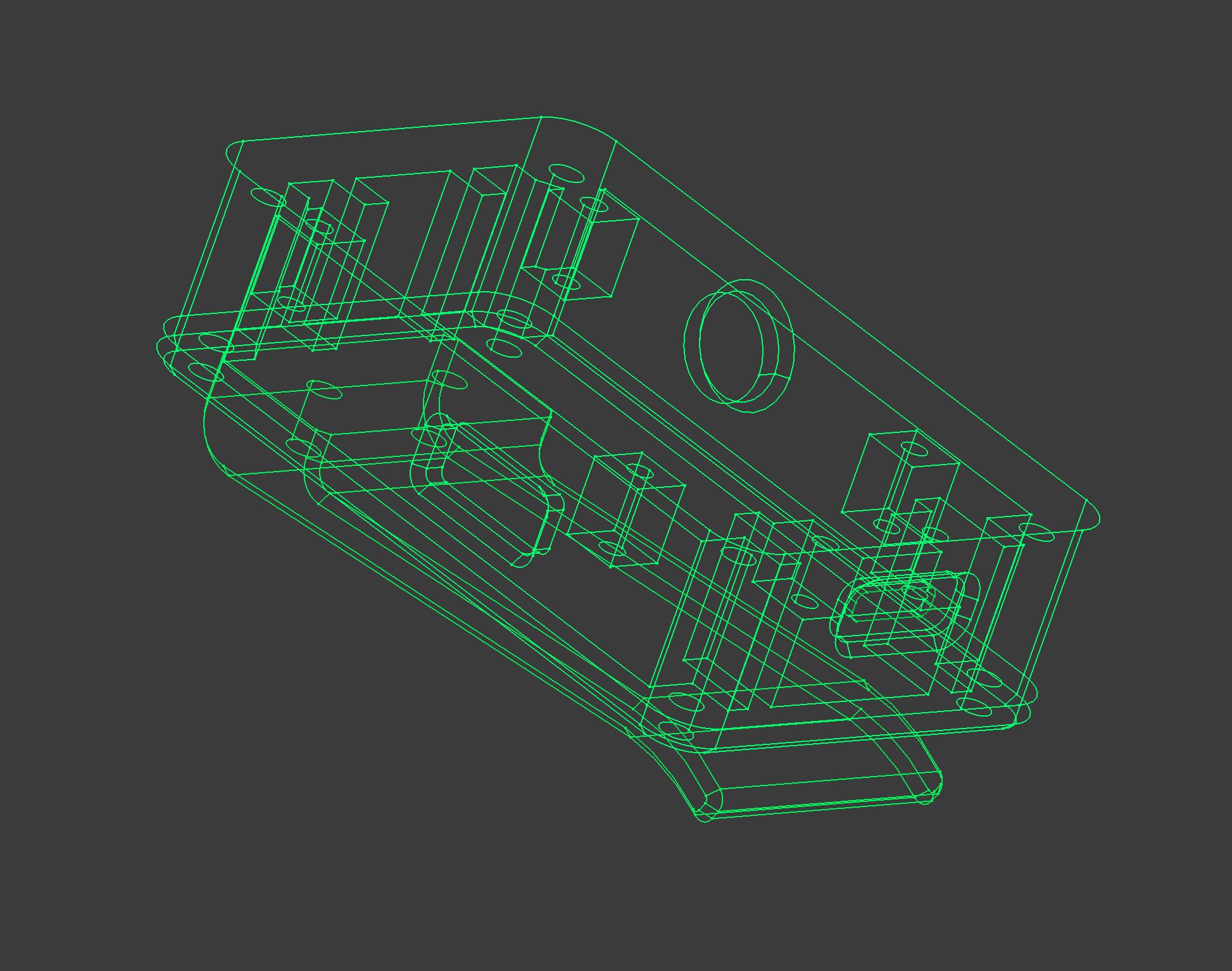 screenshot of freecad showing a box with built-in standoffs, holes for a charger and headphones and a belt clip in wireframe view