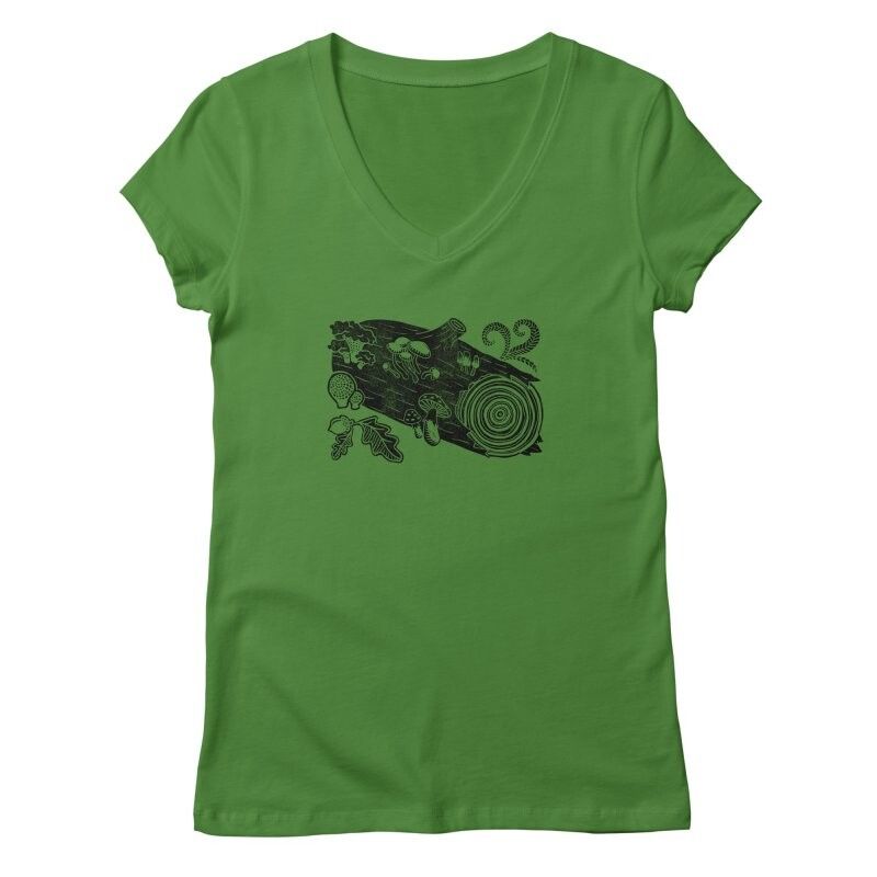 A black linocut print of a log with mushrooms, oak leaves and ferns, on a green women's v-neck t-shirt