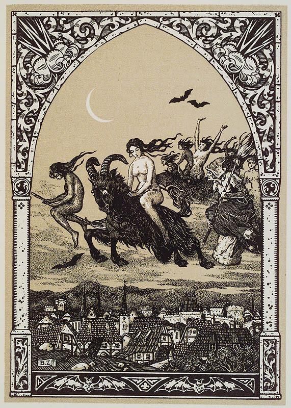 Witches Flying to Sabbath by Bernard Zuber. It's a drawing of a coven of witches flying over a town with tall church spires. some of the witches are young, some are old, some are nude, some are on brooms and some of them  are on black goats. ￼the sky is cream colored, there's also a white crescent moon and some black bats in the sky, and an ornate border with an arch around the scene. The whole thing has a sorta creepy vibe, those witches are about to get up to something weird and wild  