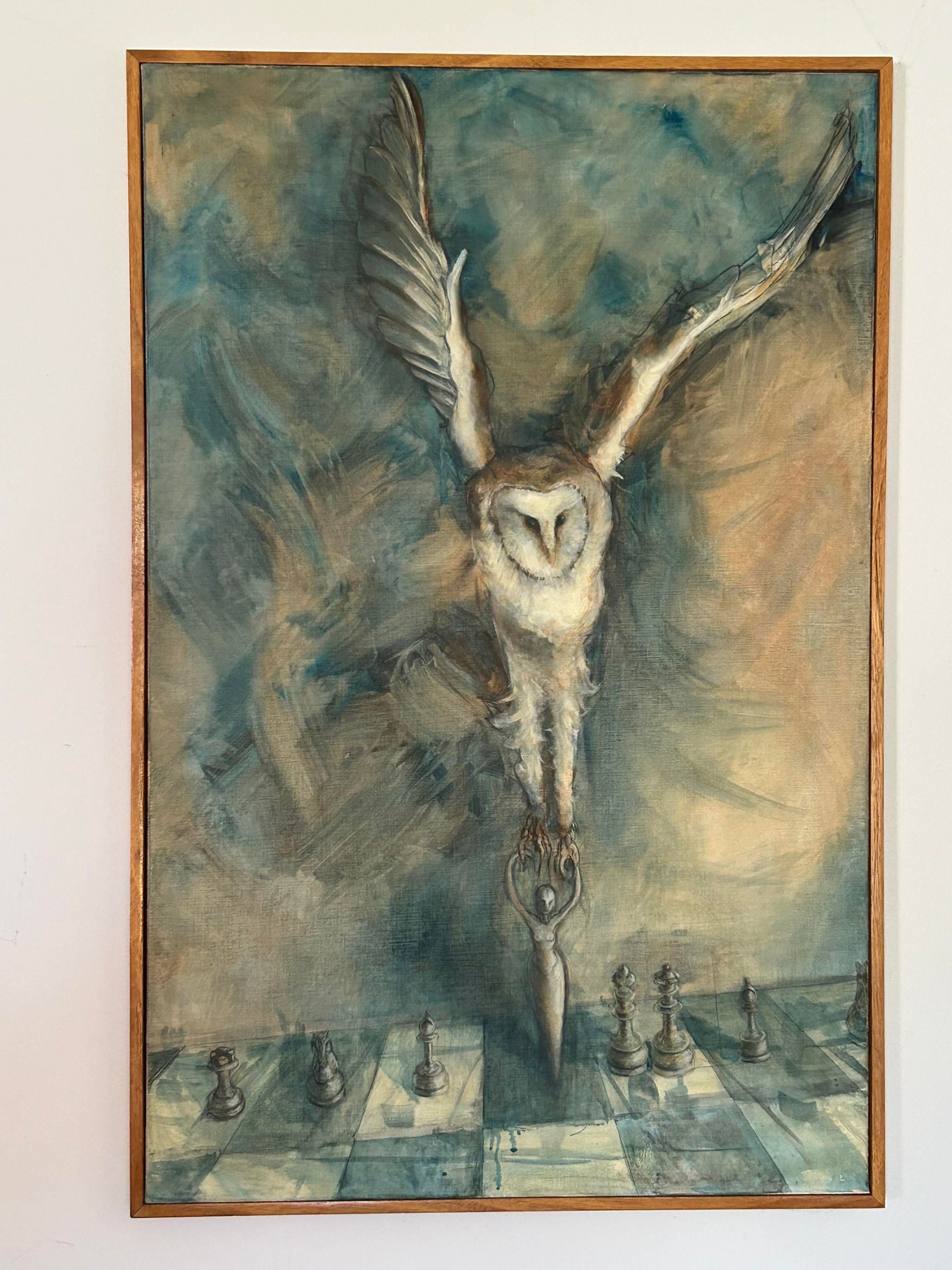 Photo of an acrylic on canvas painting hanging on a wall, the image is of an owl in a swirling blue/grey/cream/yellow background swooping in to pick a woman-shaped non-standard piece off of a chess board