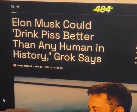 Screenshot di un articolo dal sito web 404 Media con il titolo: ‘Elon Musk Could “Drink Piss Better Than Any Human in History,” Grok Says’