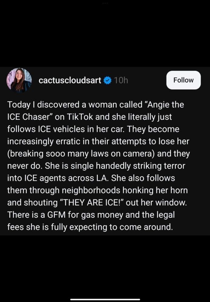 cactuscloudsart:

Today | discovered a woman called “Angie the
ICE Chaser” on TikTok and she literally just
follows ICE vehicles in her car. They become
increasingly erratic in their attempts to lose her
(breaking sooo many laws on camera) and they
never do. She is single handedly striking terror
into ICE agents across LA. She also follows
them through neighborhoods honking her horn
and shouting “THEY ARE ICE!” out her window.
There is a GFM for gas money and the legal
fees she is fully expecting to come around.
