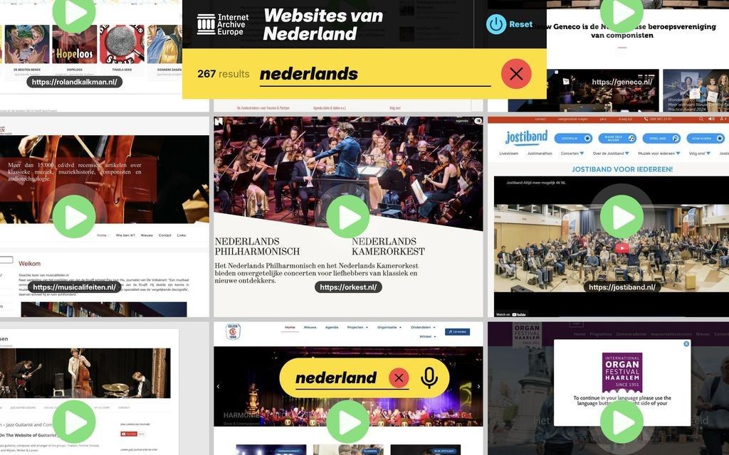 Screenshot of the Websites of the Netherlands search interface by Internet Archive Europe. A yellow search bar displays the term “nederlands” with 267 results. Behind it is a grid of archived Dutch websites, each shown as a thumbnail with a play icon indicating interactive exploration..