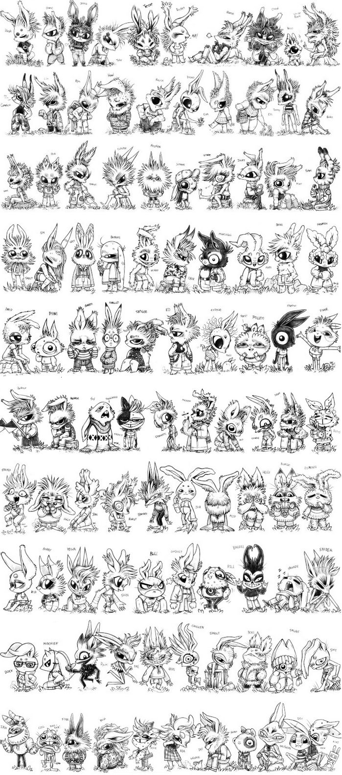 100 drawings of humanoid rabbits all gathered on a page.