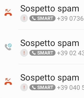 screenshot dal mio registro chiamate dove si vedono tre chiamate di fila ravvicinate di Sospetto Spam 