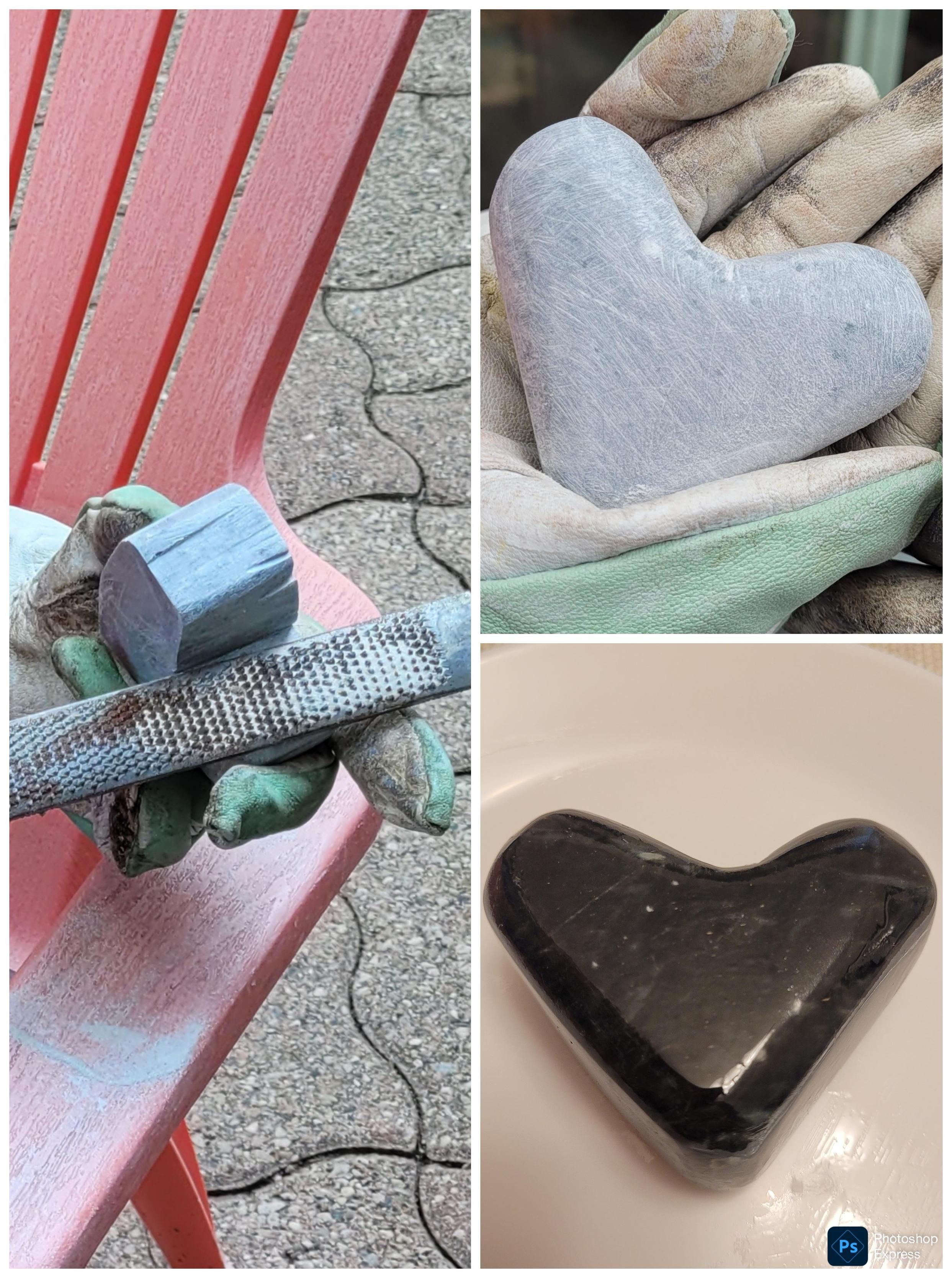 Three photos of a soapstone heart in progress - rough cut / rasp, dry sanding, and wet sanded with olive oil coating