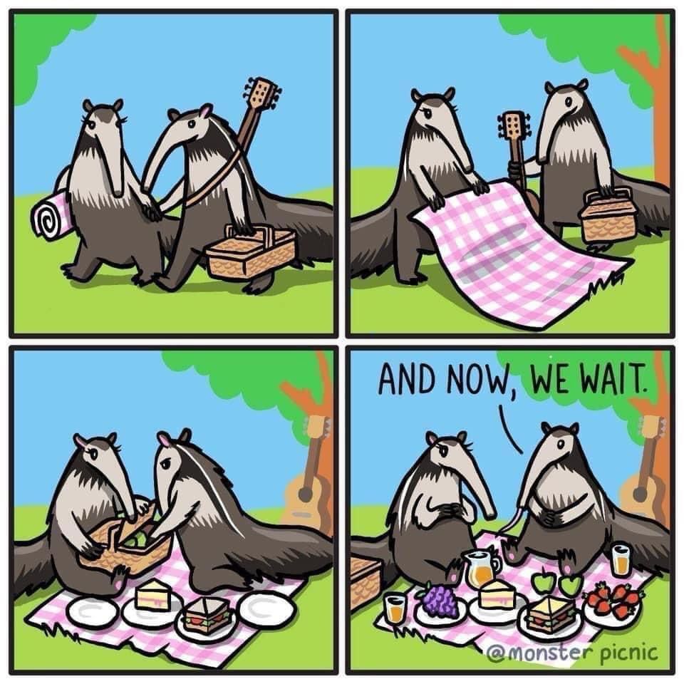A four square cartoon, by @monsterpicnic

First square two mammals with long snout carry a rolled up picnic cloth, a guitar and a picnic basket.

Second square they unroll the table cloth.

Third square they set on it a bunch of food.

Fourth square "And now, we wait", the two anteaters explain, in the middle of a large number of untouched sweet food.
(Cake, strawberries, grapes, a pitcher a yellow liquid, ...)