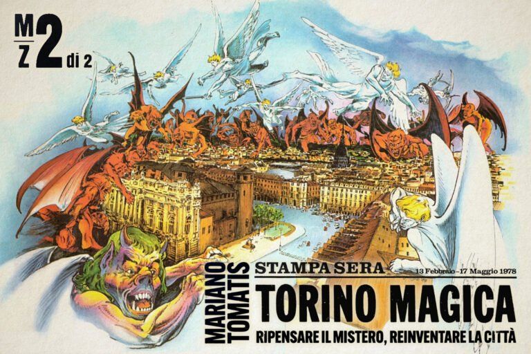 L'immagine è un manifesto per "Torino Magica", un'iniziativa culturale che si è svolta nel 1978. Presenta un'illustrazione drammatica e fantastica della città, con creature alate, sia angeliche che demoniache, che volano sopra i tetti. Il testo indica che l'iniziativa è stata promossa da Mariano Tomatis e pubblicata su "Stampa Sera". 

Nome dell'evento: Torino Magica
Tema: Ripensare il mistero, reinventare la città
Organizzatore/Autore menzionato: Mariano Tomatis
Periodo: Dal 13 febbraio al 17 maggio 1978