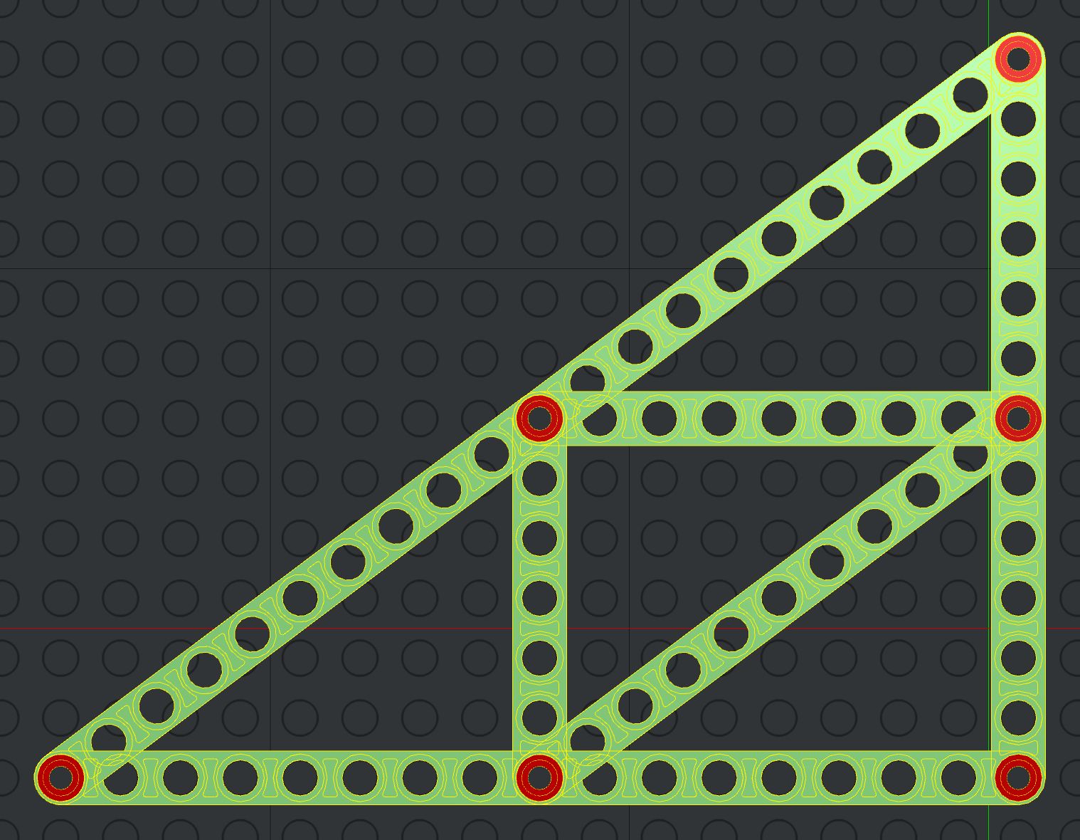 Render of a Lego Technic grid of right triangles, specifically ones made of Pythagorean triples (7, 9, 11).

The "lattice" is a backdrop of Lego studs. The triangles are made of Technic beams, which have holes of the same size and spacing as the studs. Therefore it's possible to lay out beams along the lattice in horizontal and vertical direction, and have their holes align perfectly with the lattice studs.

It's also possible to lay beams diagonally and have some holes align with the lattice - but this is not possible at all angles. However, triangles where the side lengths consist of Pythagorean triples are right triangles that can be aligned on their corners.

More specifically, for a Pythagorean triangle with the legs aligned horizontally and vertically along the lattice, the corners of the hypotenuse will also be aligned.

The triangle with sides 7, 9 and 11 in length just so happens to be useful, because there exist Technic beams with those lengths. In the render, 3 triangles of this size are laid out so that they together form a triangle with double side length.

Well, nearly. The only way this can be made to work with a Lego lattice is to re-use corners for two triangles. So for two stacked on top of each other, each of which is 7 holes high, the top hole of the bottom triangle's leg is also the bottom hole of the top triangle's leg. So you get 7 + (7 - 1) in length. The same applies for the other triangle sides.
