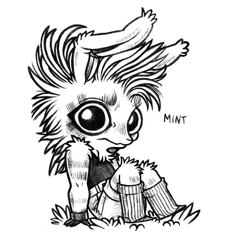 a drawing of a humanoid rabbit sitting in the grass, leaning back on their hands and grinning cutely. Their hair is combined in a loose mohawk. They are wearing a sleeveless black tank, high-rise shorts and bulky socks.