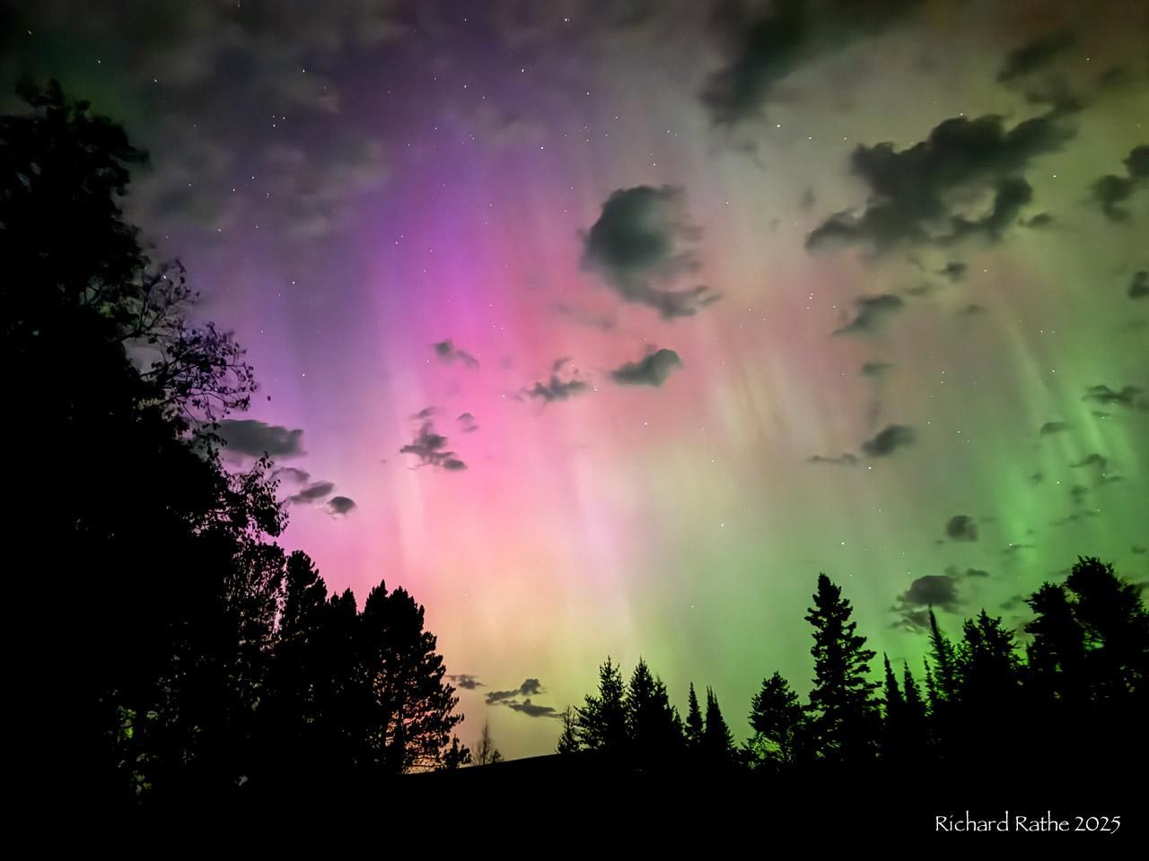 green, red, & blue aurora thru clouds, over a treeline