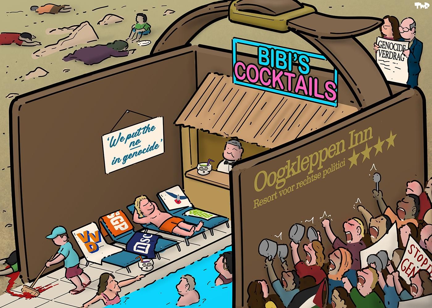 Cartoon waarop gigantische oogkleppen te zien zijn. Binnenin de oogkleppen zien we een zwembad met rechtse politici van de PVV, BBB, VVD, SGP en NSC die aan het zwemmen en het loungen zijn. Netanyahu staat achter een cocktailbar (de cocktails worden geserveerd in schedels). Buiten de oogkleppen zien we protesterende mensen, juristen met het genocideverdrag in hun handen en mensen in Gaza die sterven. Op de oogkleppen staat de tekst ‘Oogkleppen Inn - Resort voor rechtse politici.’.