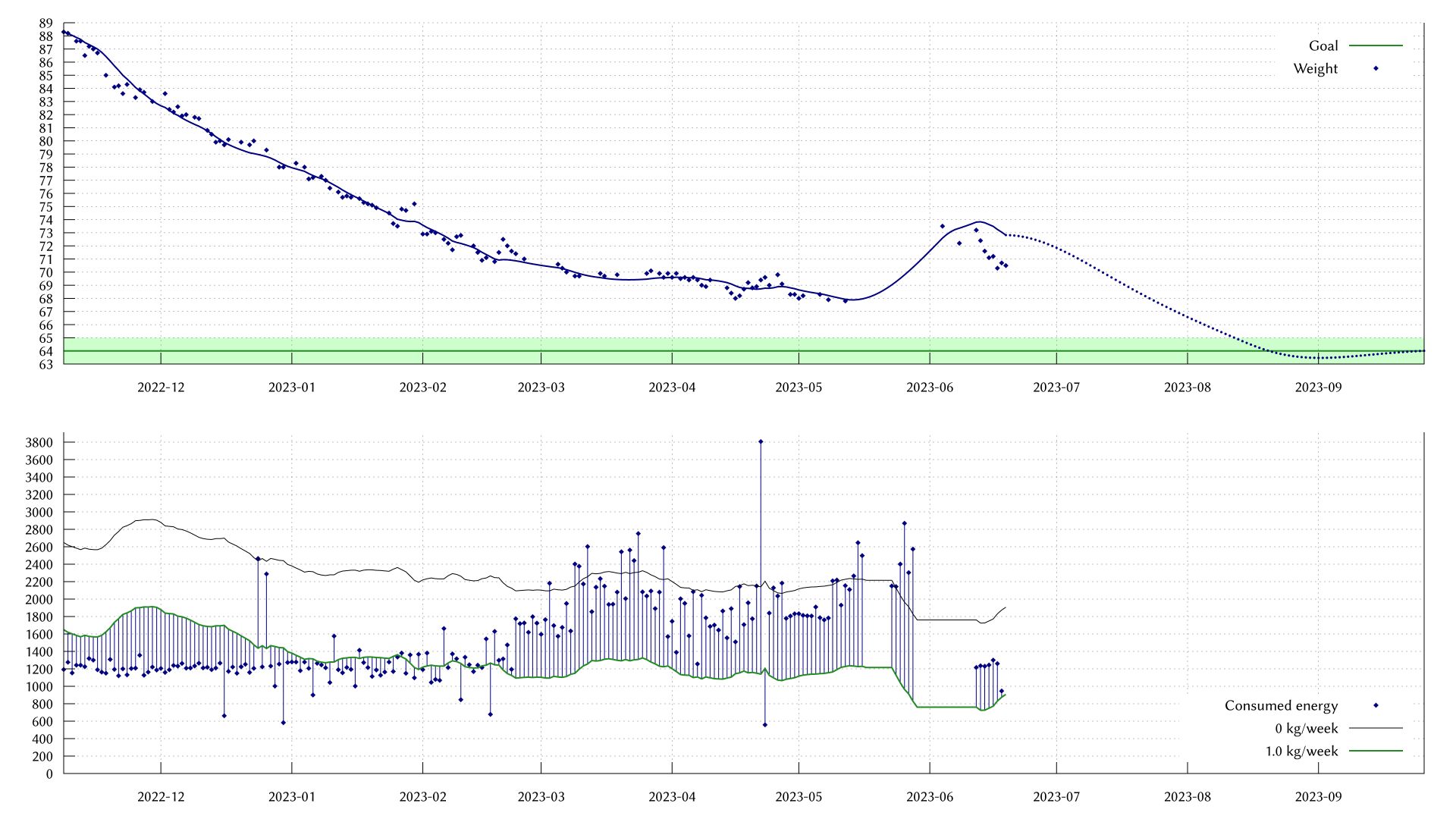 Graph: My weight went down to ~70 kg over the past week.