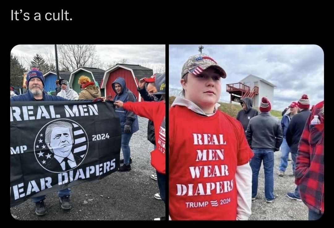 Real men wear diapers sign and man wearing shirt that says, "real men wear diapers"