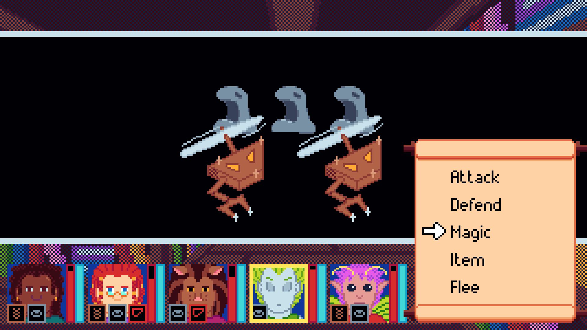 Magic and Metal Zero. A party of five characters faces two flying clawed robots and three gaping grey blobs in first-person combat.