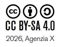 tre icone: CC, omino, freccia tonda, a indicare Creative Commons BY-SA 4.0.
2026 Agenzia X