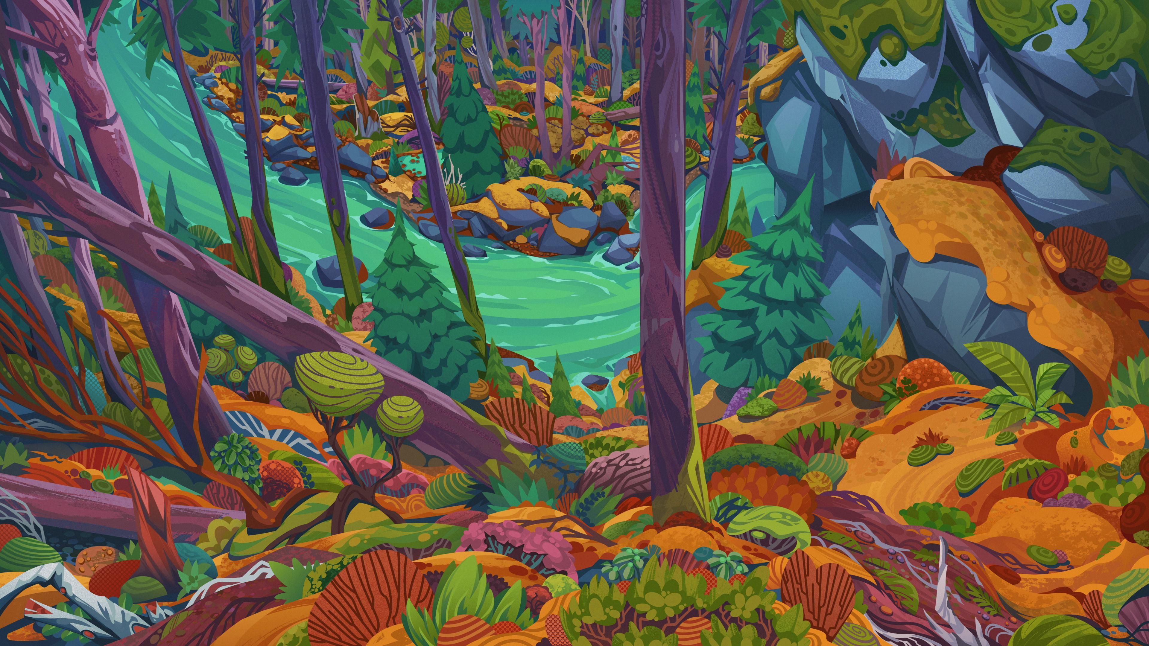 A river running through a pine forest with a densely packed mossy bushy foliage