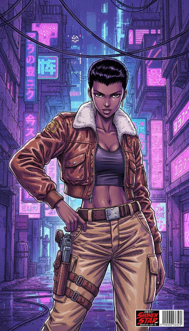 "Ilustração em estilo mangá dos anos 90 com estética retro de anime, mostrando uma mulher negra de cabelo curto, vestindo uma jaqueta bomber marrom com gola de pelo e calças táticas bege. Ela está em uma pose confiante, com uma mão apoiada no quadril e a outra segurando uma arma em coldre na perna. O fundo é um beco futurista cyberpunk iluminado por letreiros de neon em tons de roxo e azul, com detalhes de fios e prédios altos. No canto inferior direito há um código de barras e um selo no estilo 'Shonen Jump'."