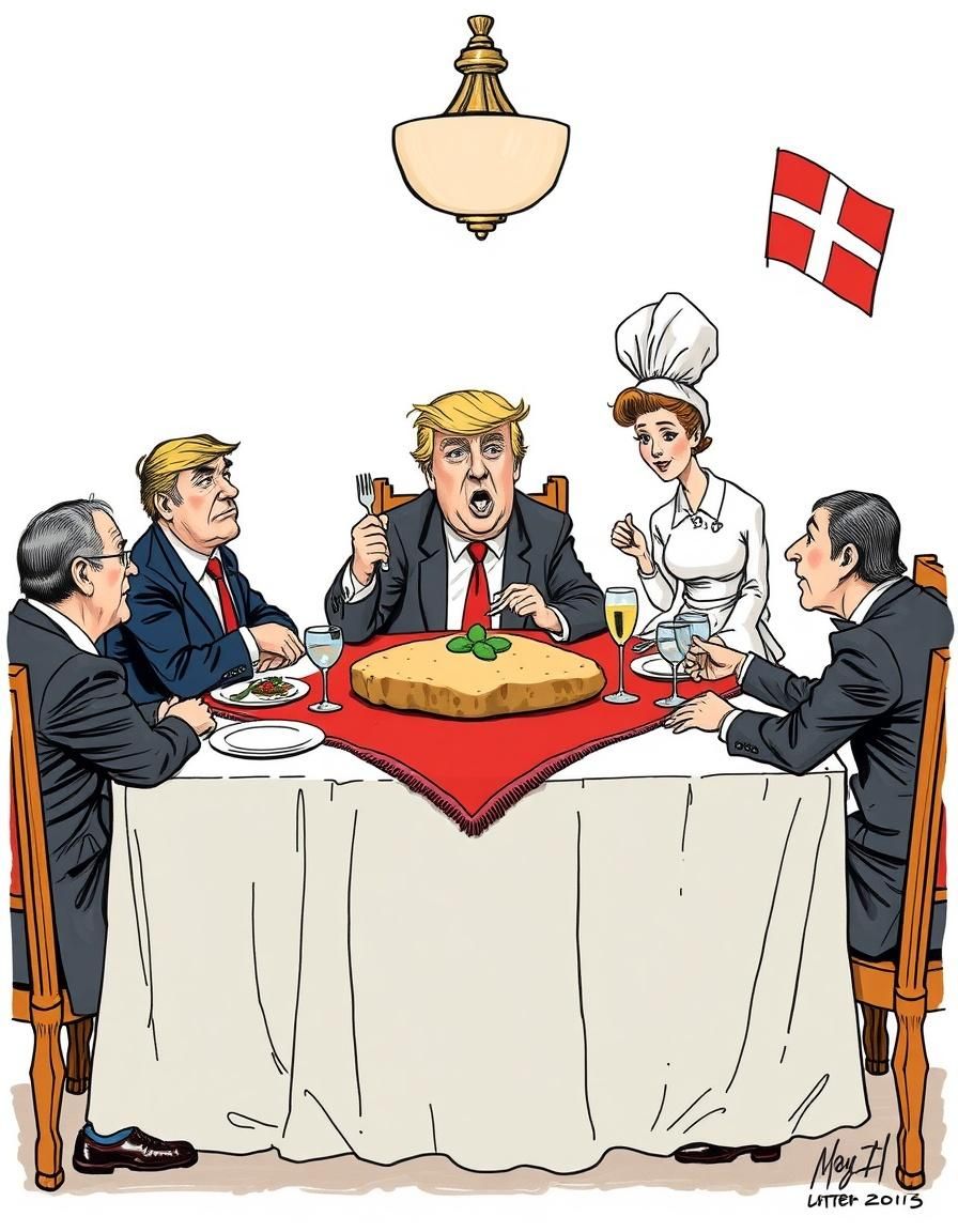 Nel disegno che vuol essere satirico (prodotto co AI), Trump si appresta a "papparsi" la Groenlandia, "pietanza" portata sulla sua tavola da Ursula Von Der Leyen