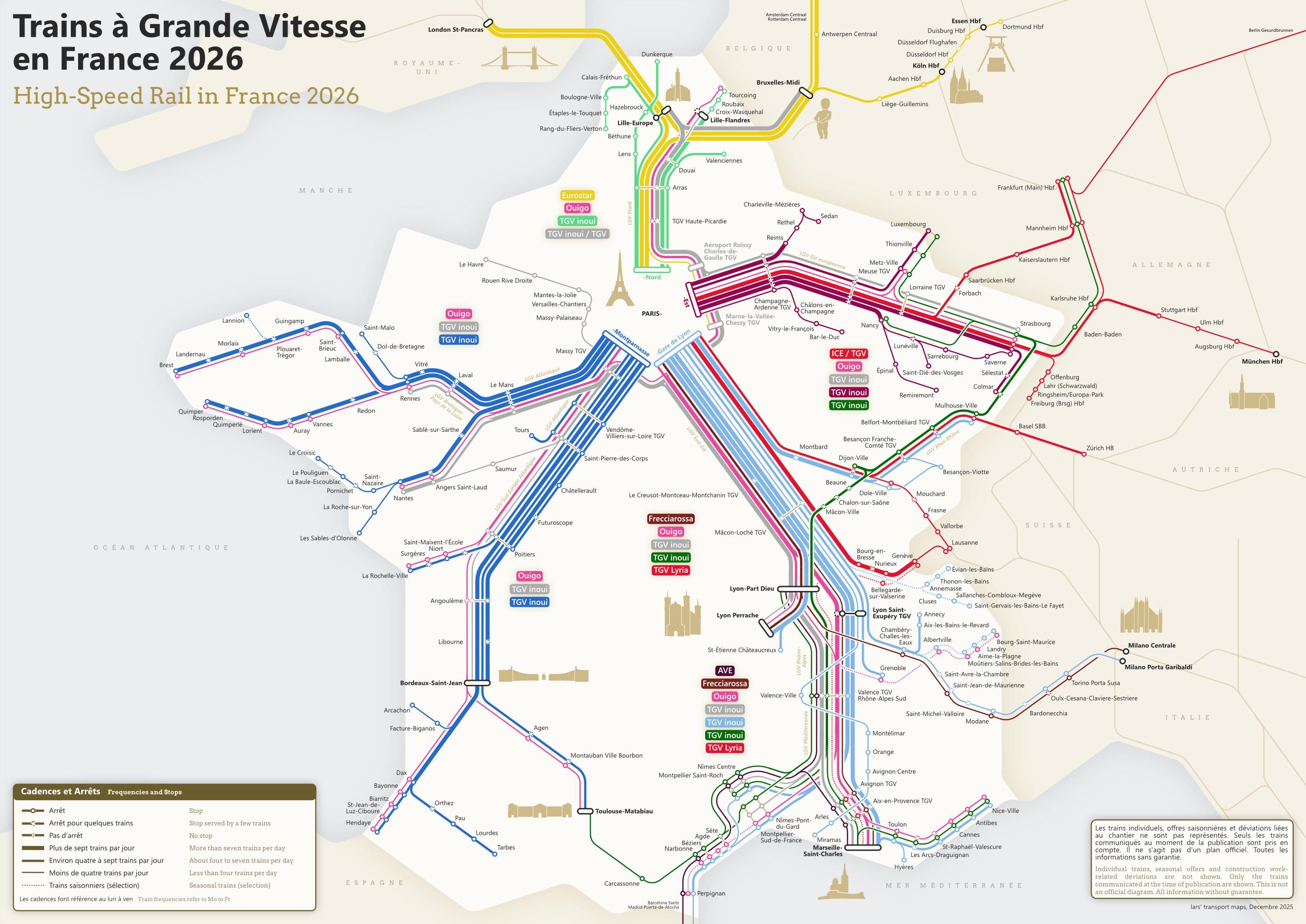 Unofficial transit map of France. It shows mainly radial lines approaching Paris in different colours. Lines to Montparnasse in dark blue, lines to Gare de Lyon in light blue, lines to Gare de l'Est in dark red, lines to Gare du Nord in mint green (TGV) and yellow (Eurostar). Ouigo services in pink on all axes. TGV Intersecteur in grey around Paris. TGV Rhin-Rhône in dark green.