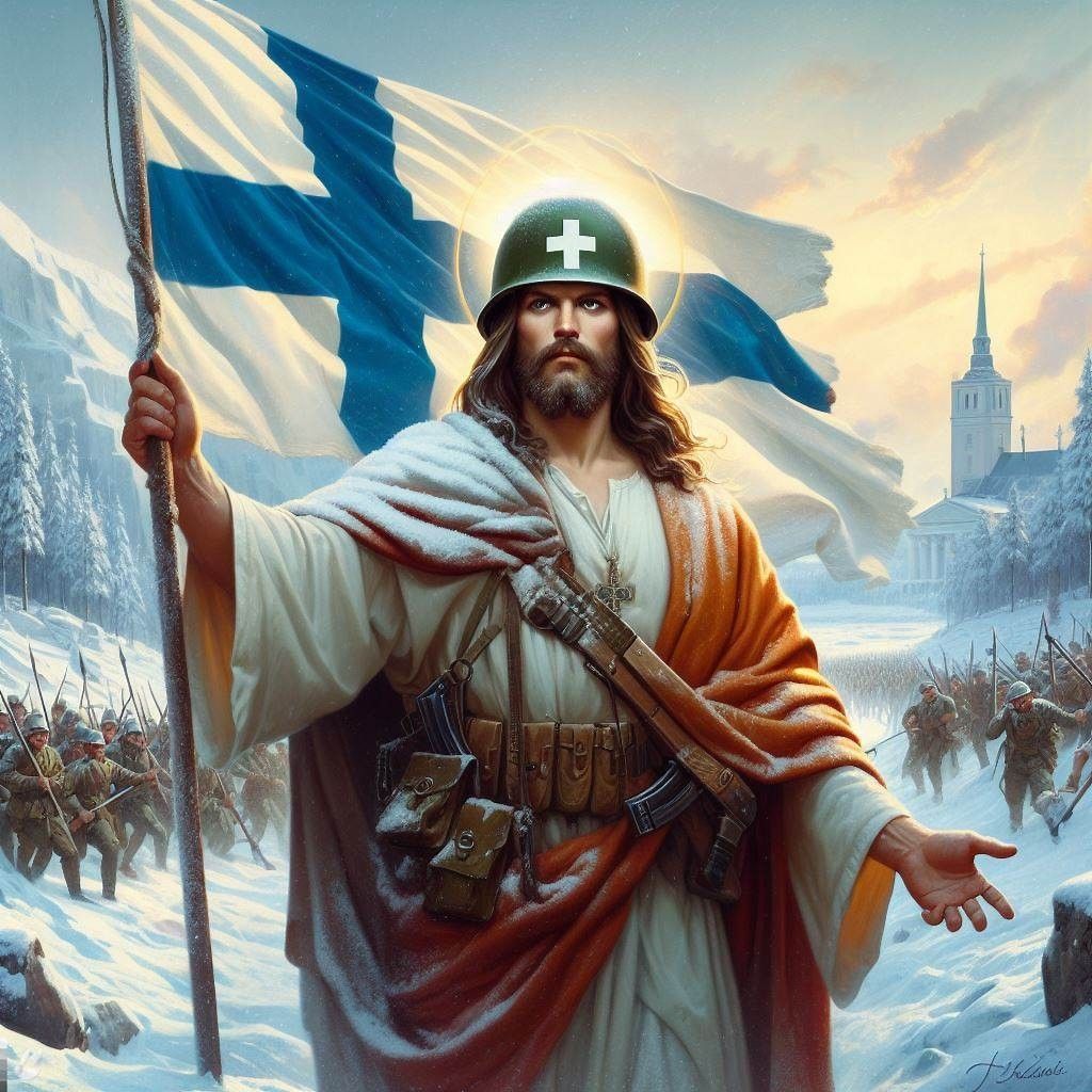 Stereotyyppinen Jeesus heiluttaa kypärä päässä Suomenlippua ammusvyö vyötäröllä. Taustalla sotajoukkoja ja kirkko.