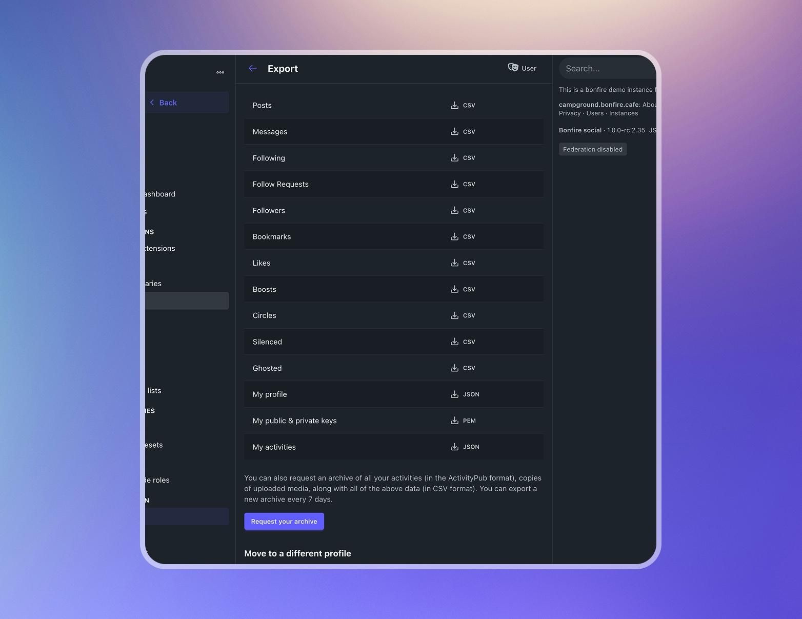 export view in bonfire, it shows the full list of data a user can export from their bonfire instance