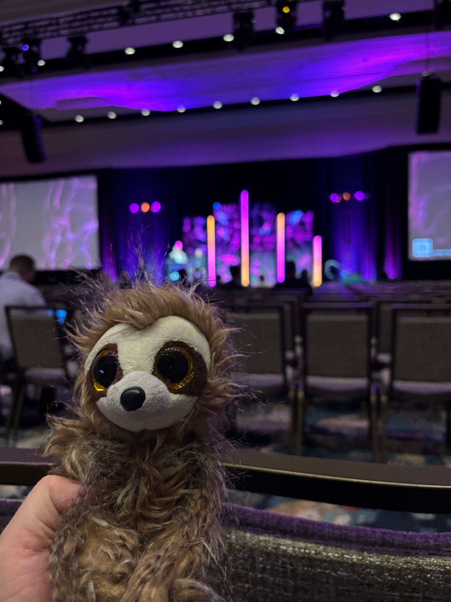 A stuffed sloth in a presentation room at BlackHat