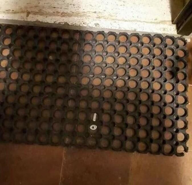 Photo of a very visible house key "hidden" under a doormat with holes in it... just like their security.