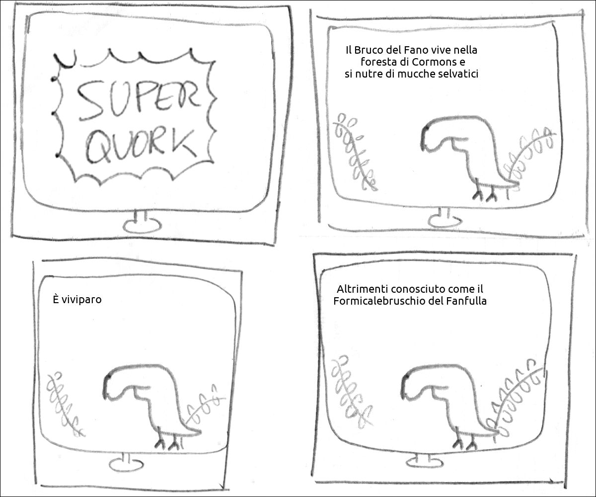 Inizia Super Quork
C'è un animale in un bosco e la voce dice: «Il Bruco del Fano vive nella  foresta di Cormons e si nutre di mucche selvatici»
La voce dice: «È viviparo»
La voce dice: «Altrimenti conosciuto come il Formicalebruschio del Fanfulla»
