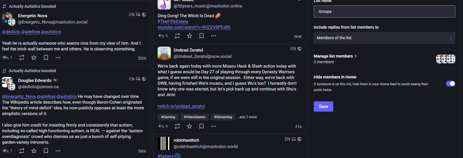 A screenshot of the Mastodon Glitch Soc showing the Home timeline, Federated timeline, and the Edit List column. The Home timeline shows a post being boosted by Actually Autistics and other Groups, but the Edit List column shows that Hide members in Home is enabled.