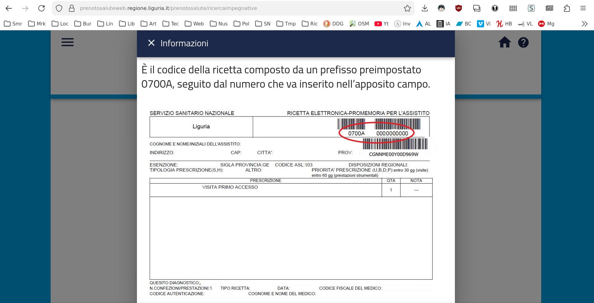 Uno screenshot della schermatina di aiuto accessibile dalla pagina di cui allo screenshot precedente: c'è una riproduzione di una ricetta compilata e in alto c'è scritto: "È il codice della ricetta composto da un prefisso preimpostato 0700A, seguito dal numero che va inserito nell'apposito campo".