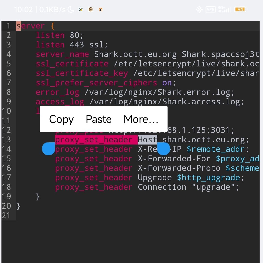 Nginx config:
1 server {                                           2     listen 80;                                     3     listen 443 ssl;                                4     server_name Shark.octt.eu.org Shark.spaccsoj3t 5     ssl_certificate /etc/letsencrypt/live/shark.oc 6     ssl_certificate_key /etc/letsencrypt/live/shar 7     ssl_prefer_server_ciphers on;                  8     error_log /var/log/nginx/Shark.error.log;      9     access_log /var/log/nginx/Shark.access.log;   10     location / {                                  11         proxy_http_version 1.1;                   12         proxy_pass http://192.168.1.125:3031;     13         proxy_set_header Host shark.octt.eu.org;  14         proxy_set_header X-Real-IP $remote_addr;  15         proxy_set_header X-Forwarded-For $proxy_ad16         proxy_set_header X-Forwarded-Proto $scheme17         proxy_set_header Upgrade $http_upgrade;
18         proxy_set_header Connection "upgrade";
19     }
20 }
