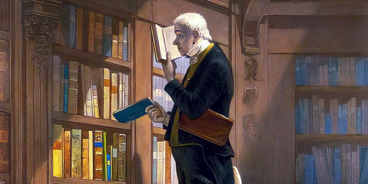 Una vignetta umoristica ci mostra un "topo di biblioteca", qui è un uomo di mezza età in abiti borghesi, che si aggira tra scaffali di libri con un libro per mano e un terzo libro sotto braccio. Il libro impugnato con la sinistra è tenuto aperto letteralmente davanti al naso, e lo sguardo lo scorre attentamente