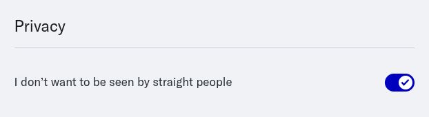 Privacy option:
I don't want to be seen by straight people (true)