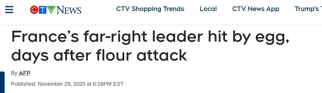  France’s far-right leader hit by egg, days after flour attack
