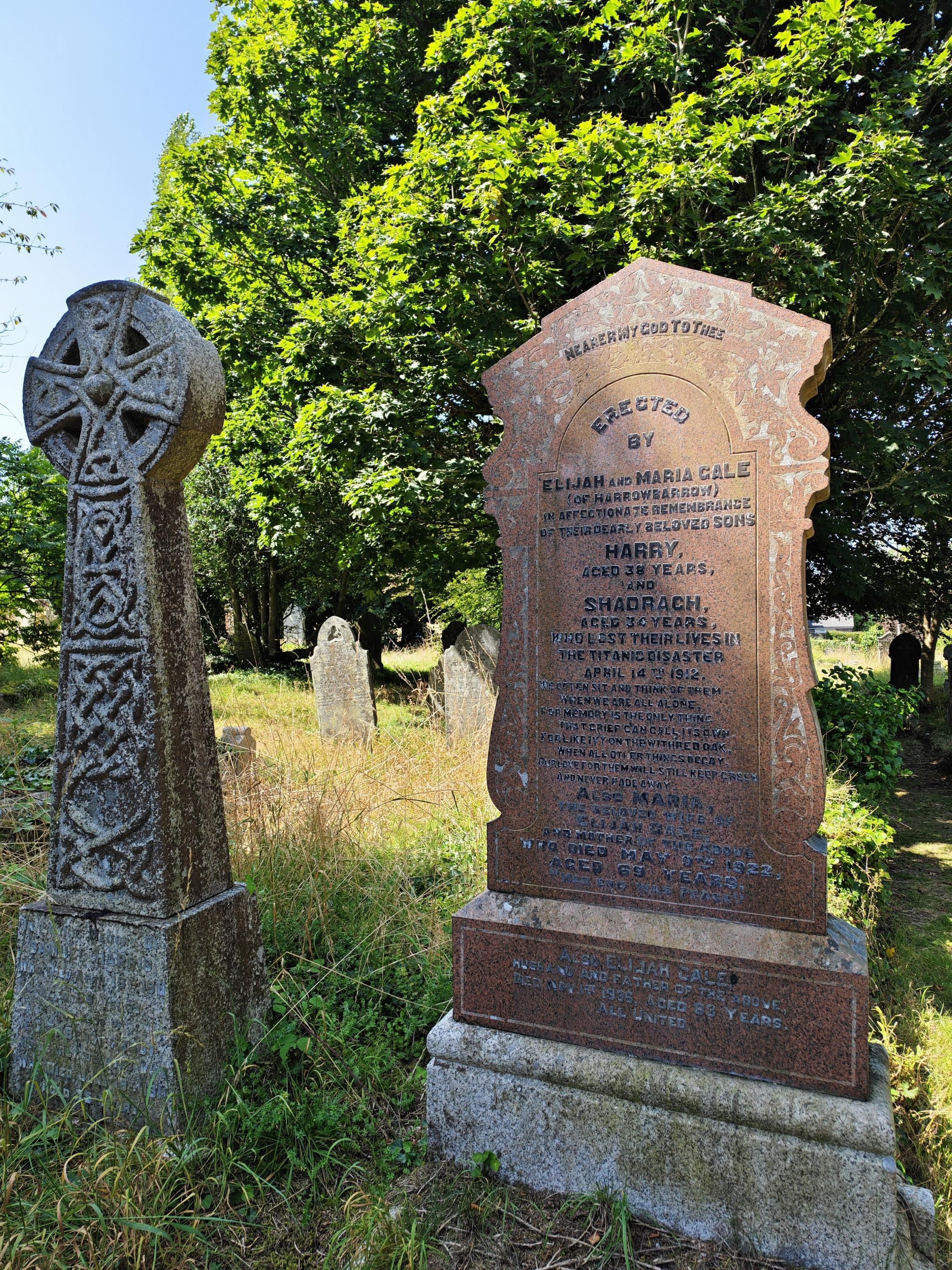 Two elegant gravestones. The one on the right laments the loss of Harry Gale (38) and Shadrach Gale (34), drowned when the Titanic sank